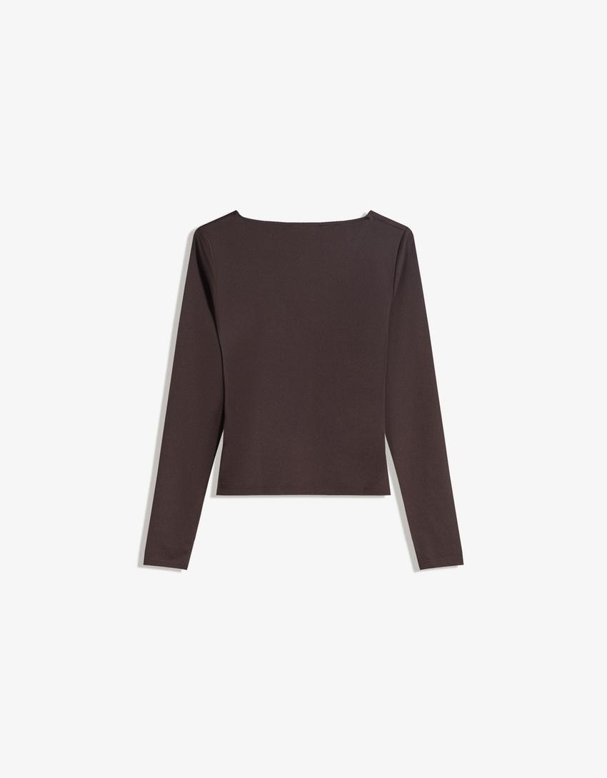 T-shirt met plooi en lange mouw-Bruin