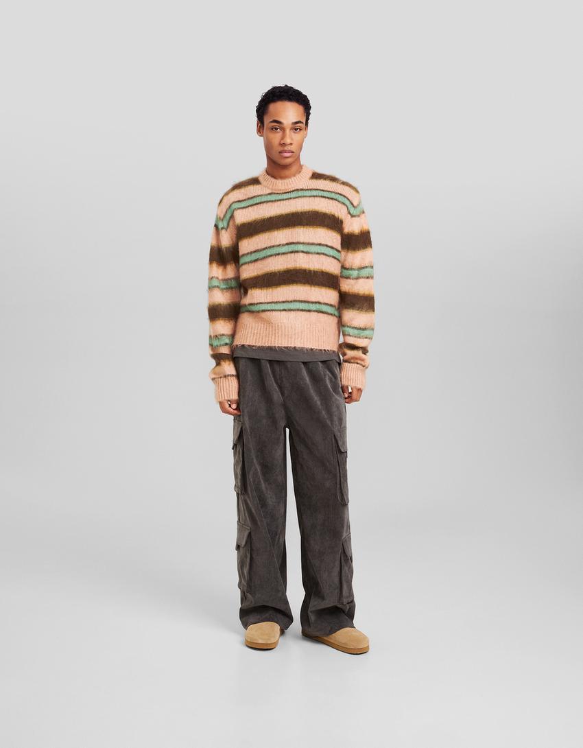 Pull fausse fourrure rayures-Rose-3