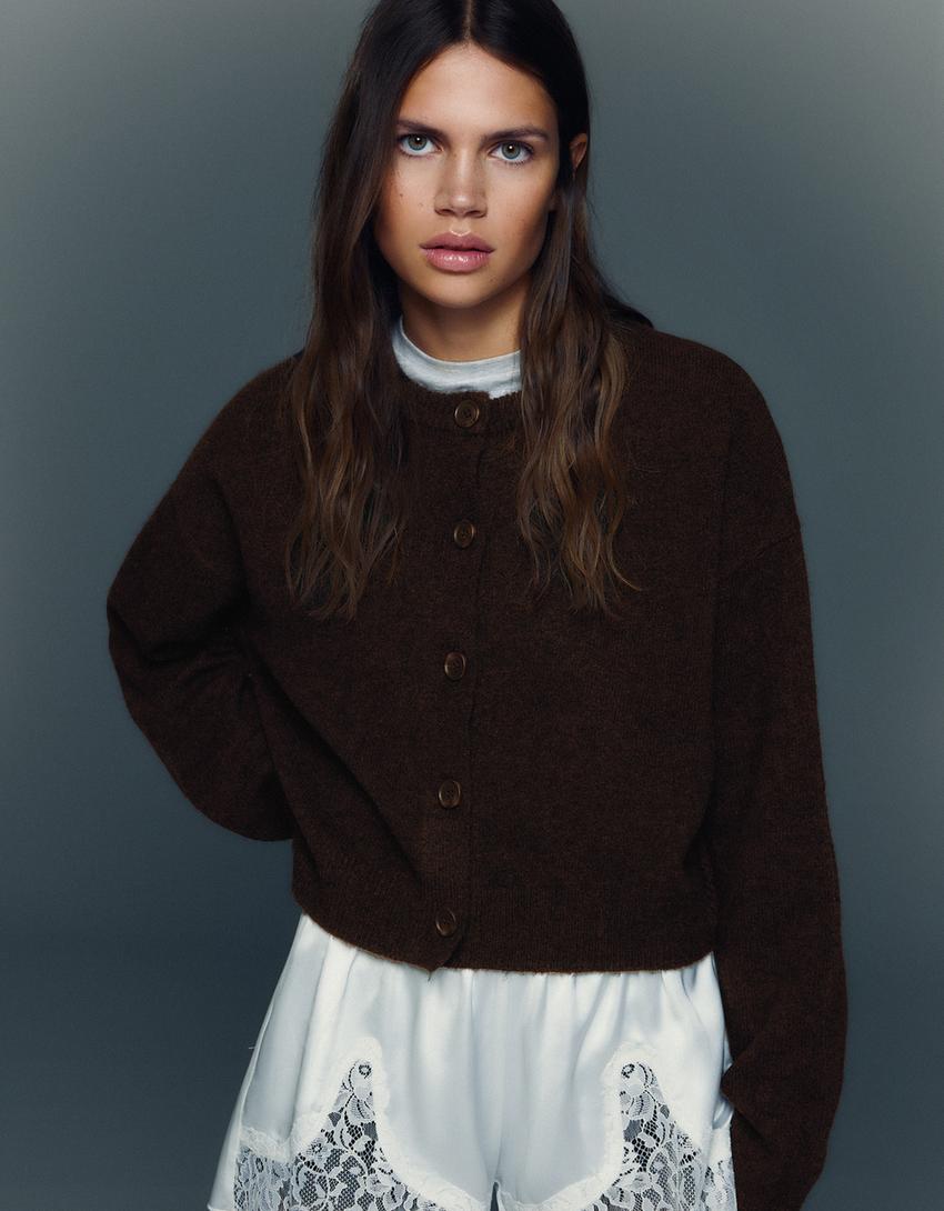 Soft touch button-up cardigan-Brown