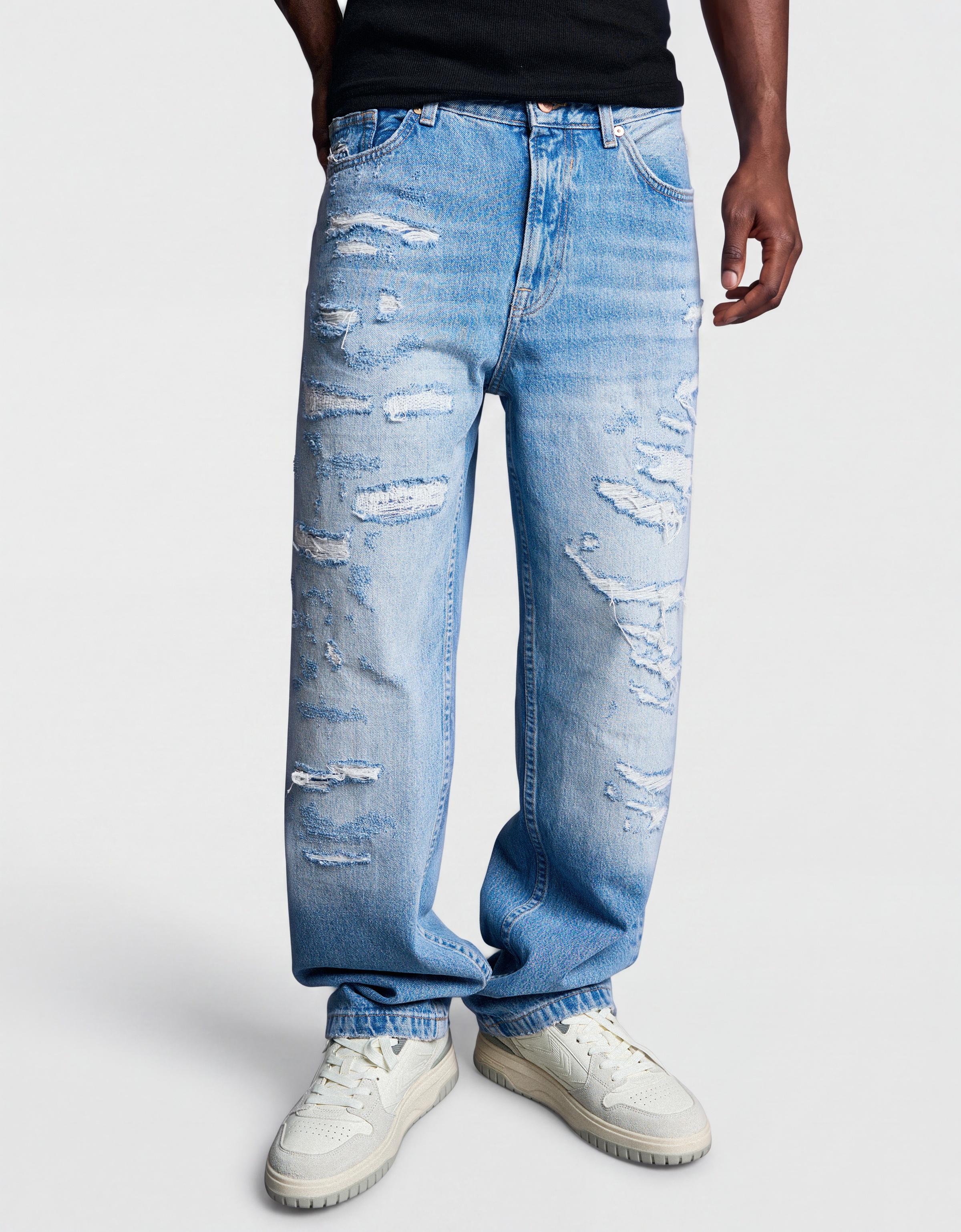 Ripped straight wide leg jeans — Light blue