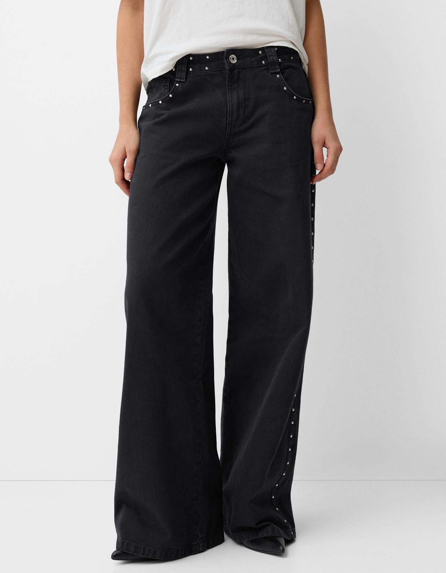 Bershka Straight-Fit-Hose Aus Serge Mit Nieten Damen 44 Schwarz günstig online kaufen