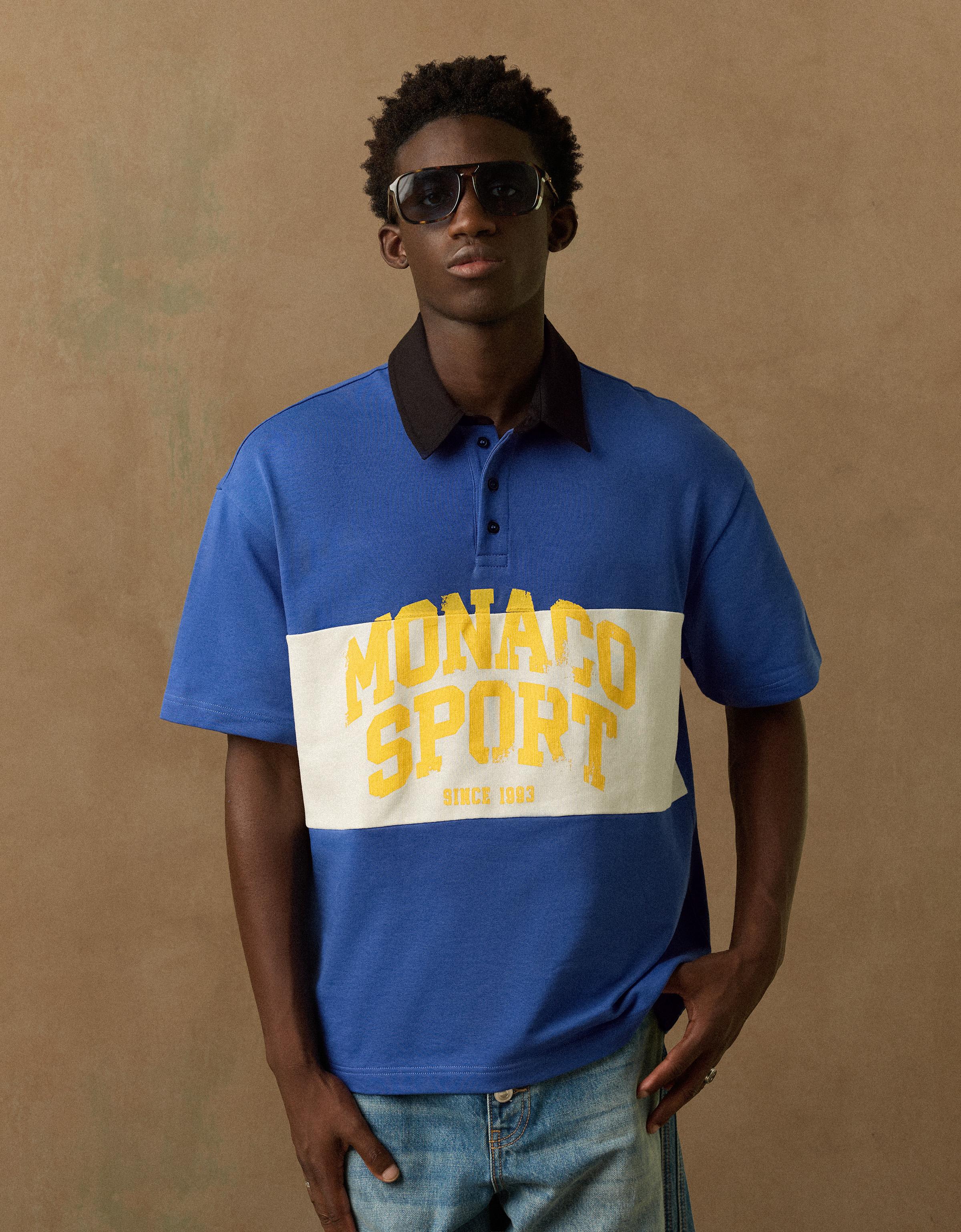 Bershka Polo Manga Corta Print Hombre Azul