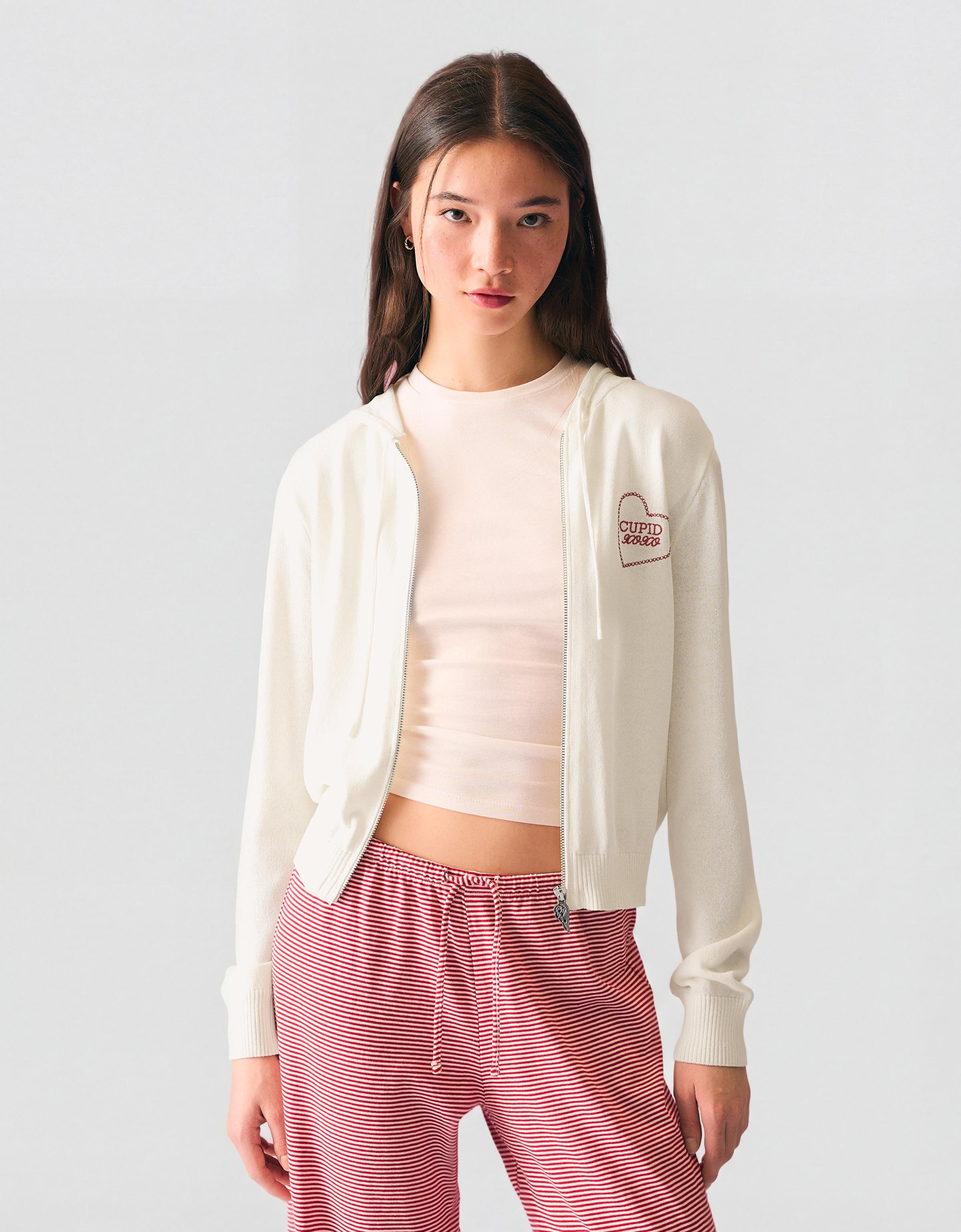 Zip-up print hood sweatshirt