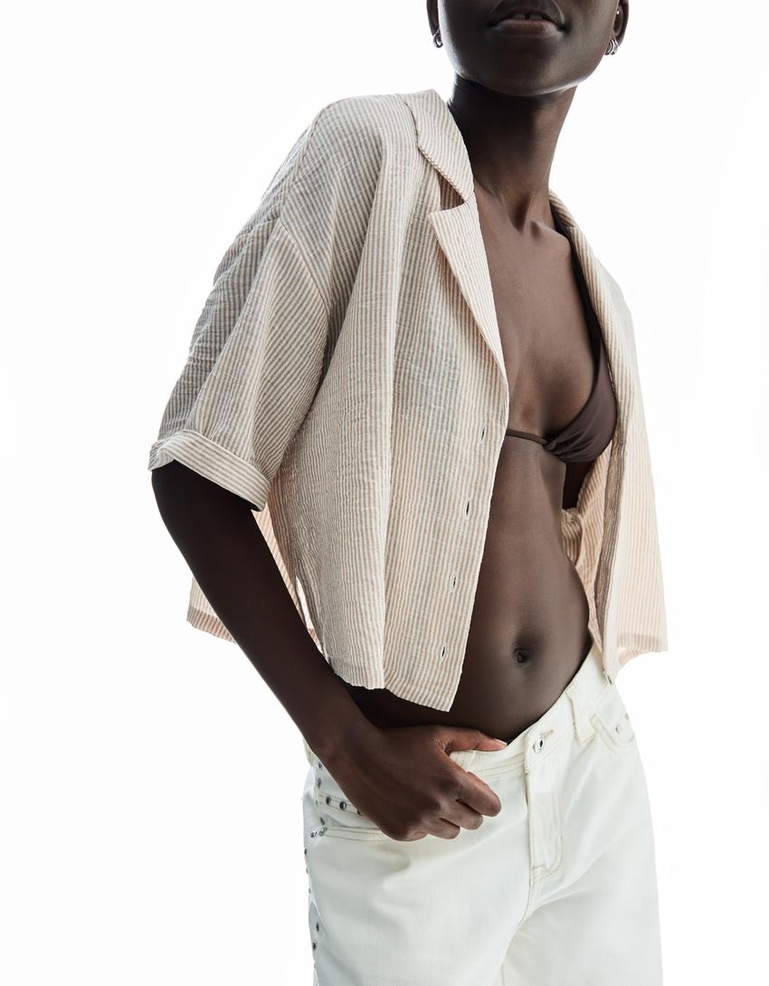 Textured rustic short sleeve shirt-Camel-2