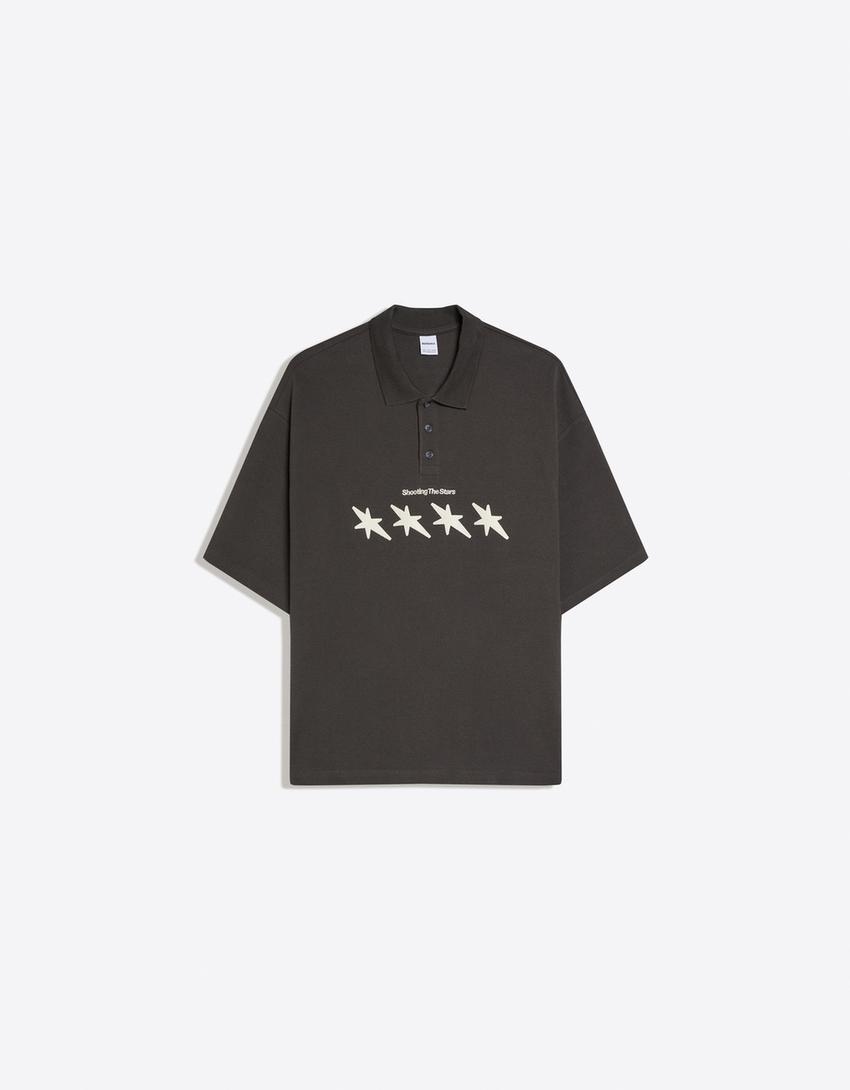 Boxy short sleeve print polo shirt-Grey