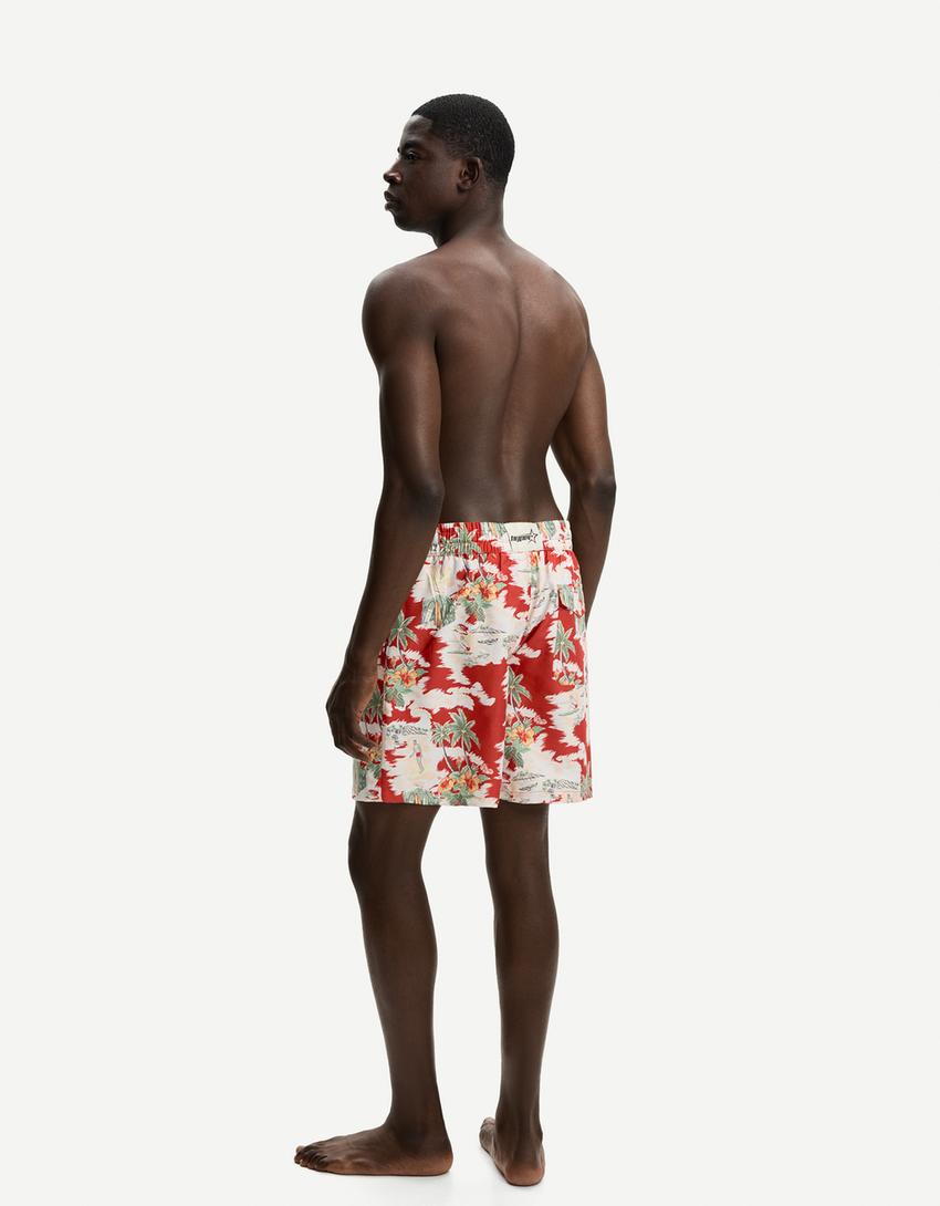 Costume lungo con stampa tropicale-Rosso
