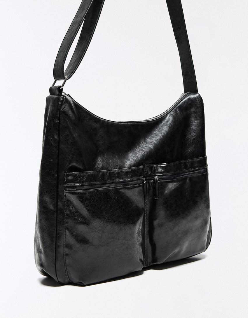 Double pocket bucket bag-Black