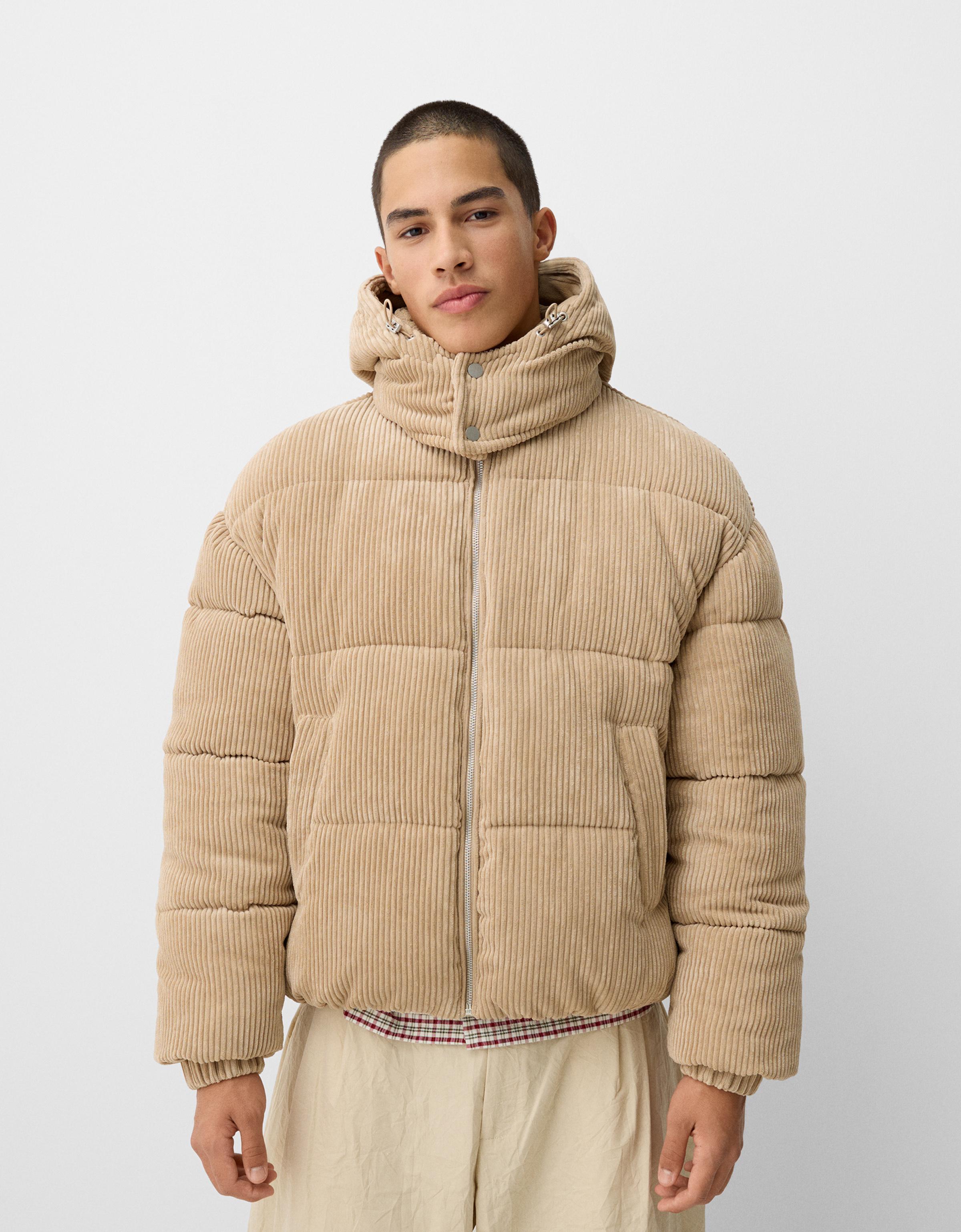 Hooded corduroy puffer jacket Jackets and coats Men Bershka