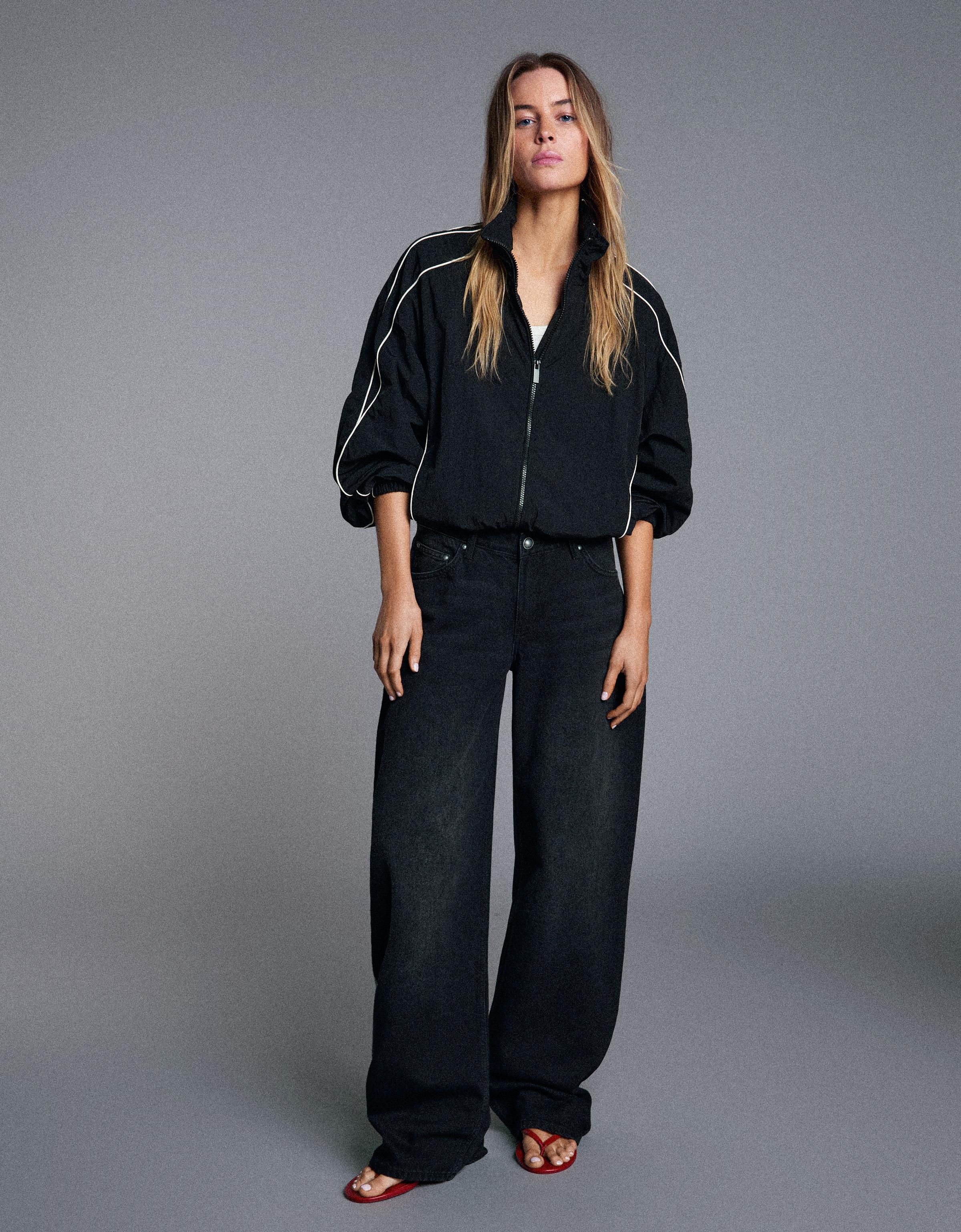 Bershka Jeans Barrel Tiro Alto Mujer 32 Negro