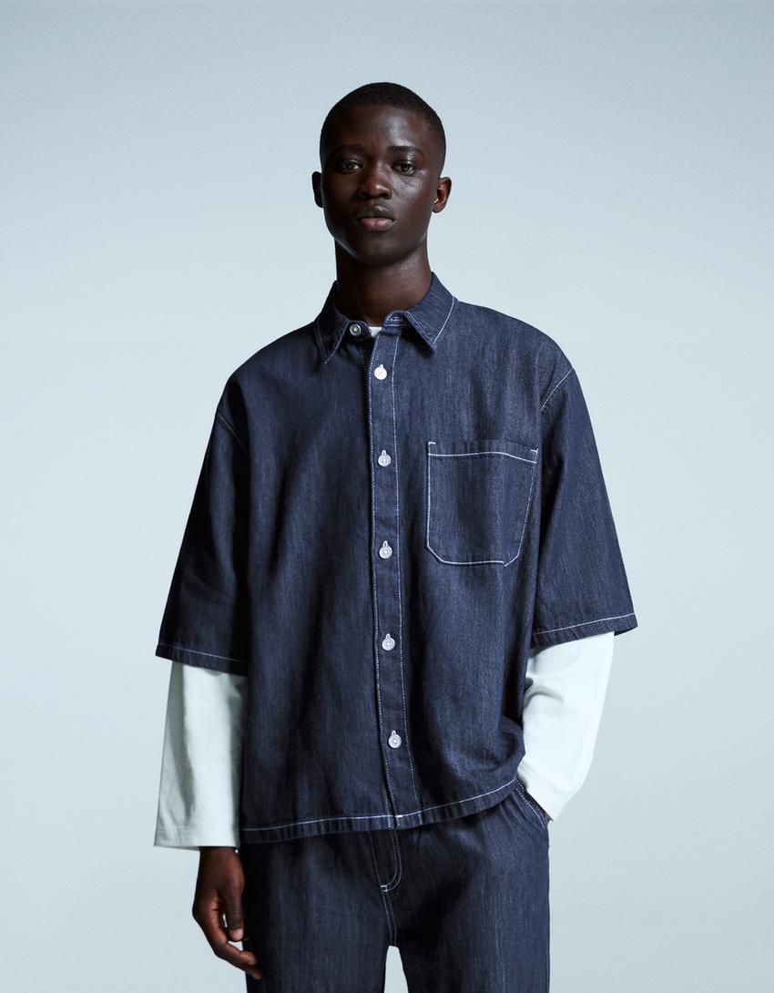 Camisa denim manga corta-Marino