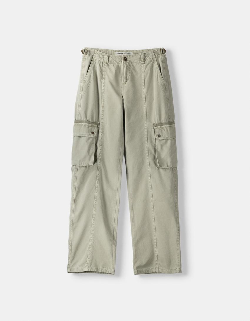 Calças straight cargo ajustáveis algodão-Caqui-4