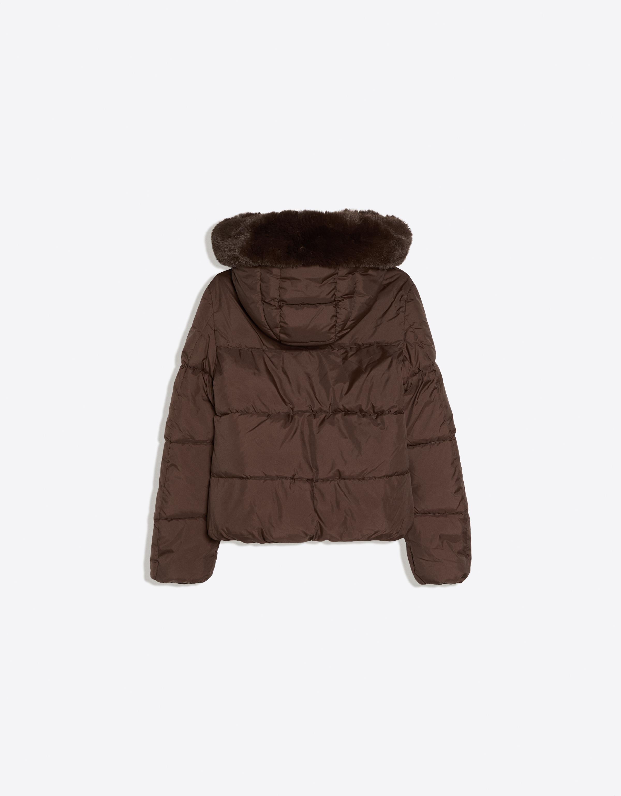 Padded jacket with fur hood — Brown