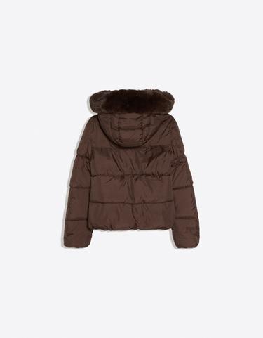 Puffer jacket with faux fur hood — Brown 6