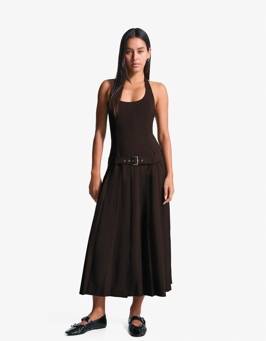 Halter mini dress with belt-Brown