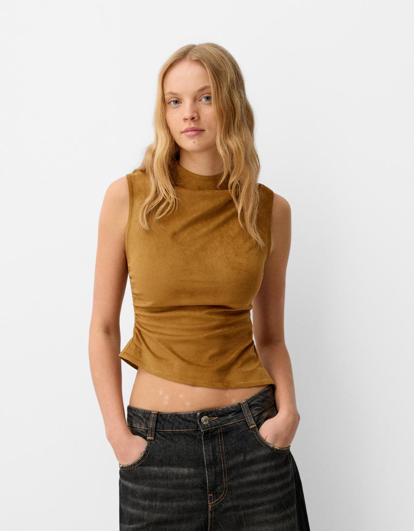Asymmetric draped leather effect top-Brown-0