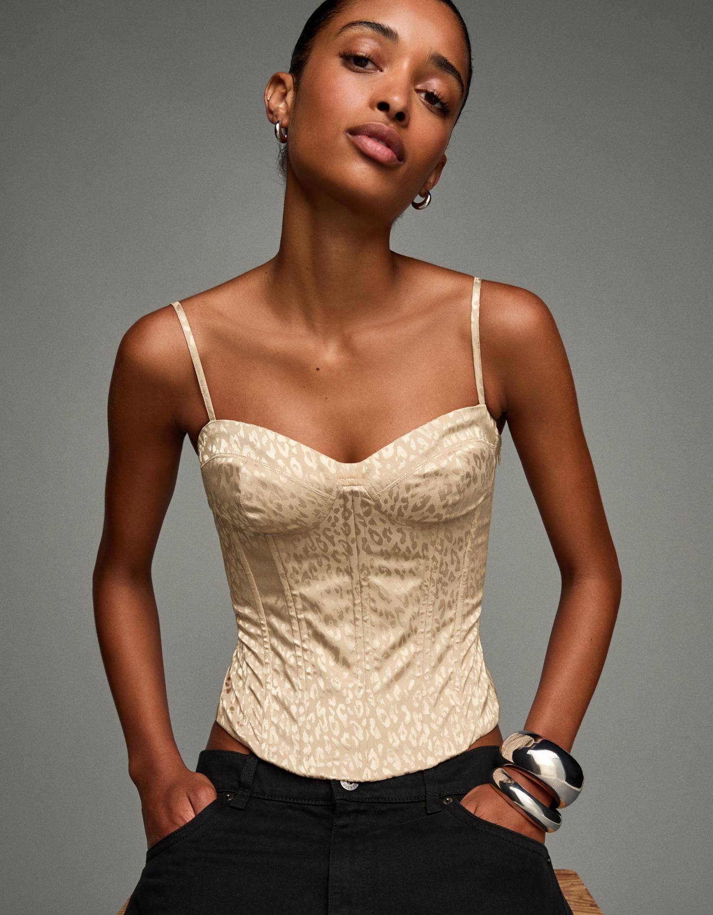 Bershka żakardowy top gorsetowy różowy