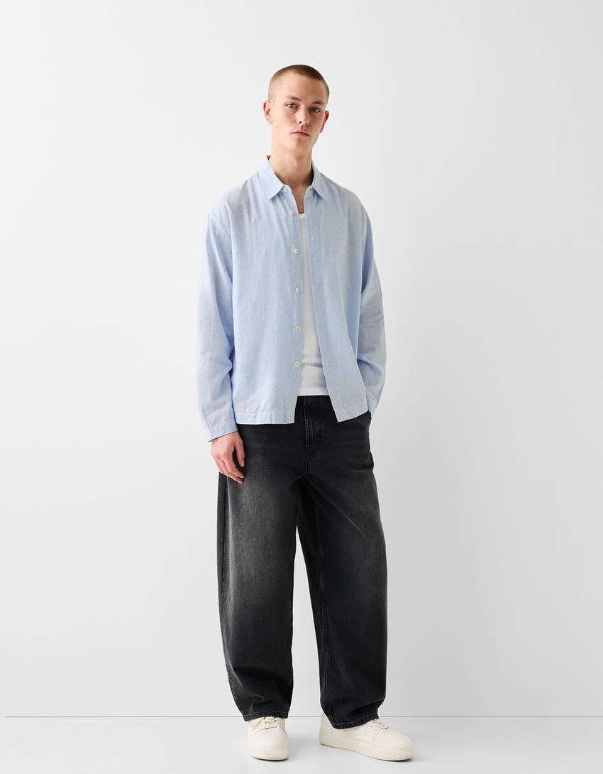 Chemise manches longues loose fit lin-Bleu clair-3