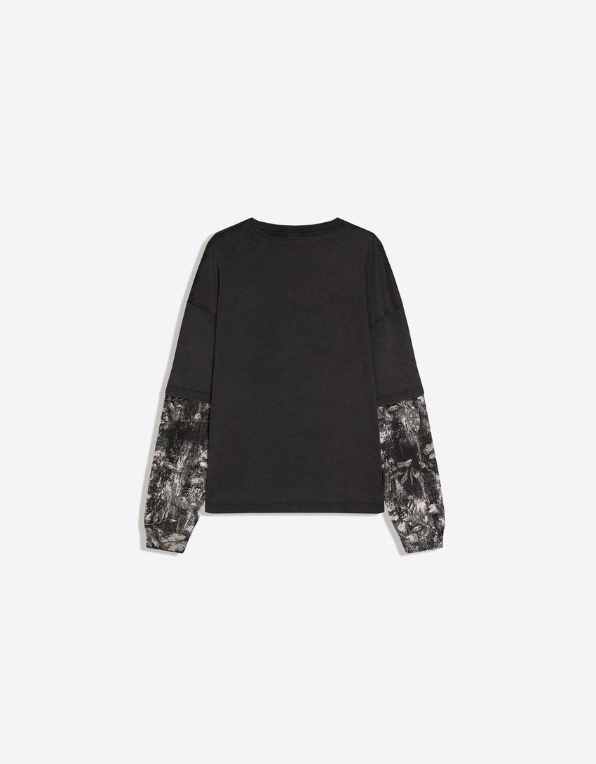 Double print long sleeve T-shirt-Black