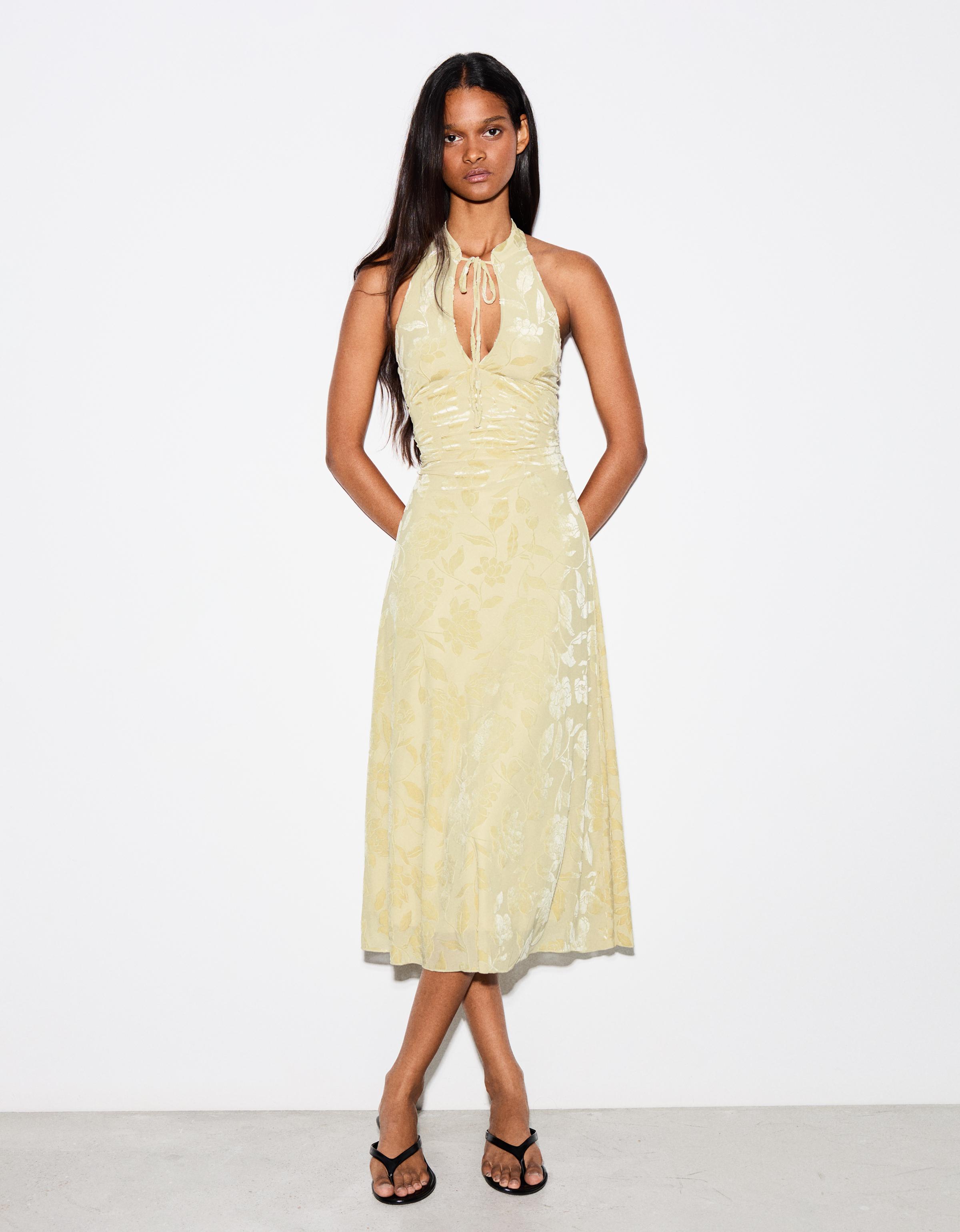 Flocked tulle halter midi dress — Green