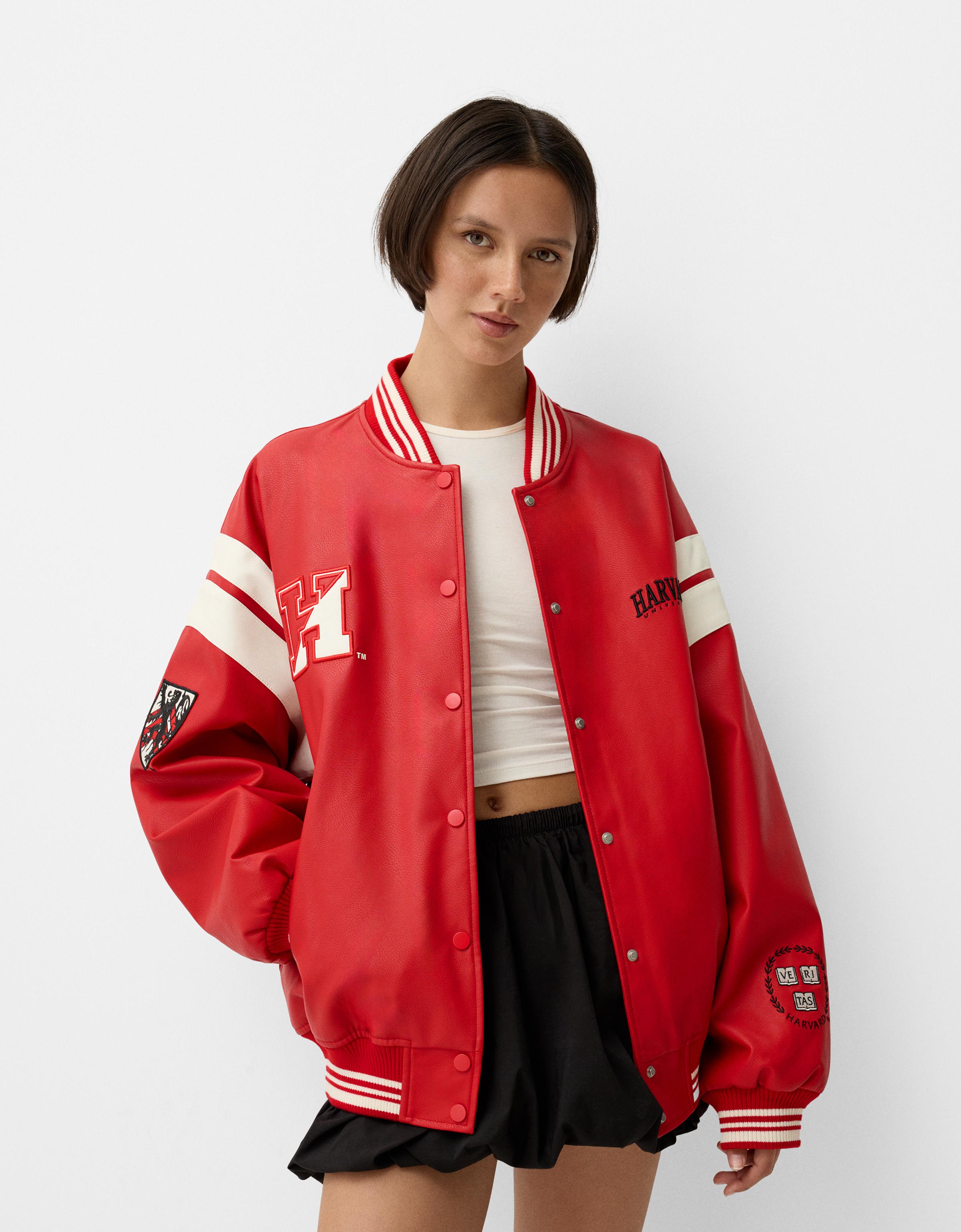 Bershka Oversize-College-Jacke Aus Kunstleder Damen Xs Rot