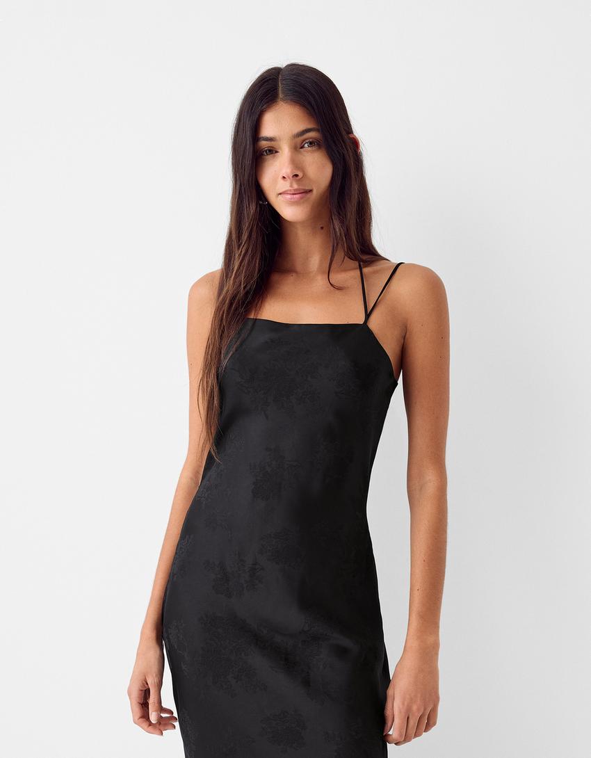 فستان ساتان جاكار طويل-أسود-1