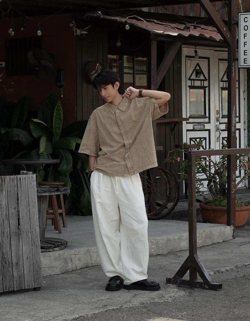 Linen blend tailored baggy pants-Off white-1