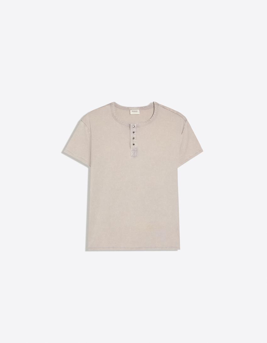 Washed small fit henley T-shirt-Grey
