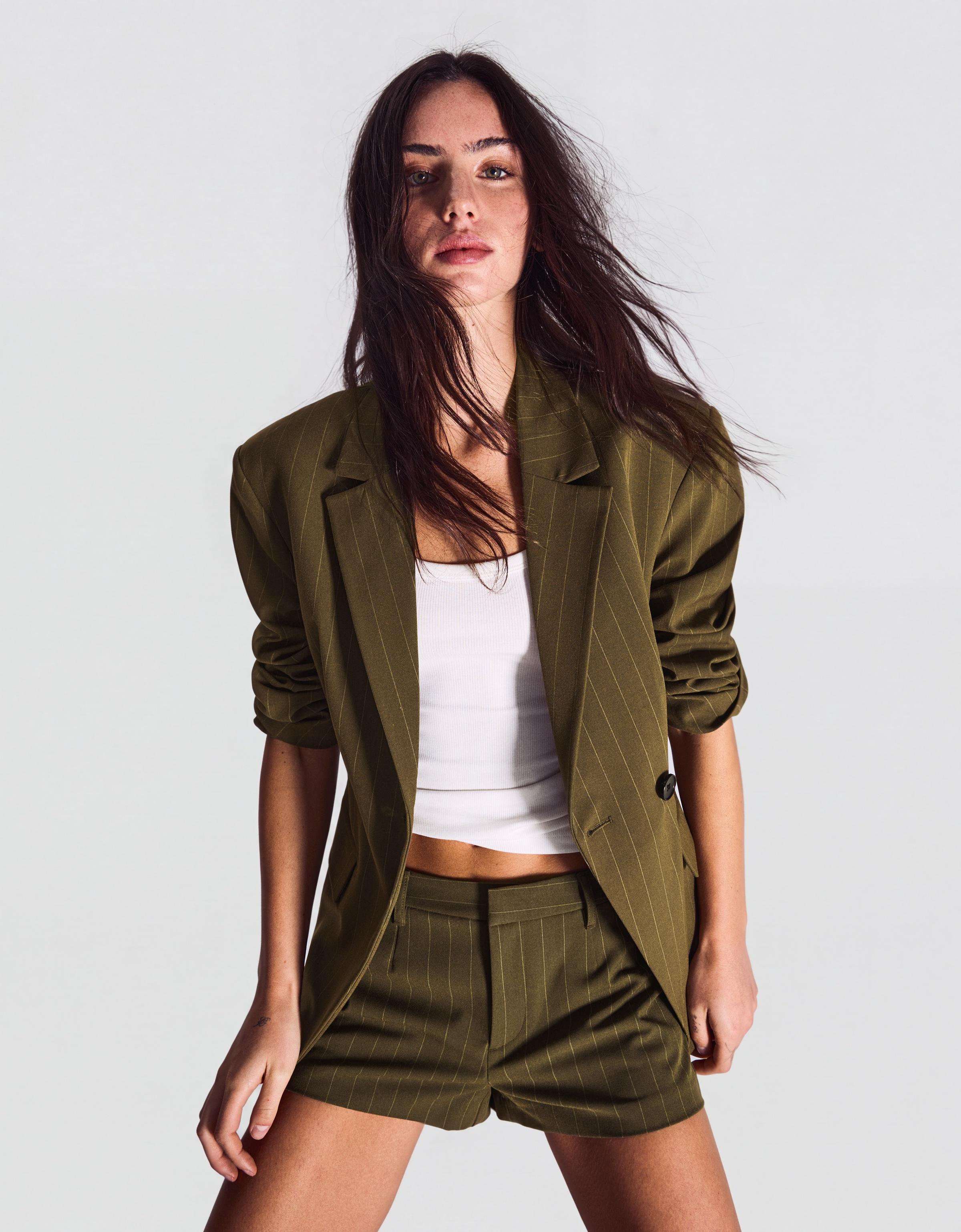 Striped double-breasted blazer — Khaki