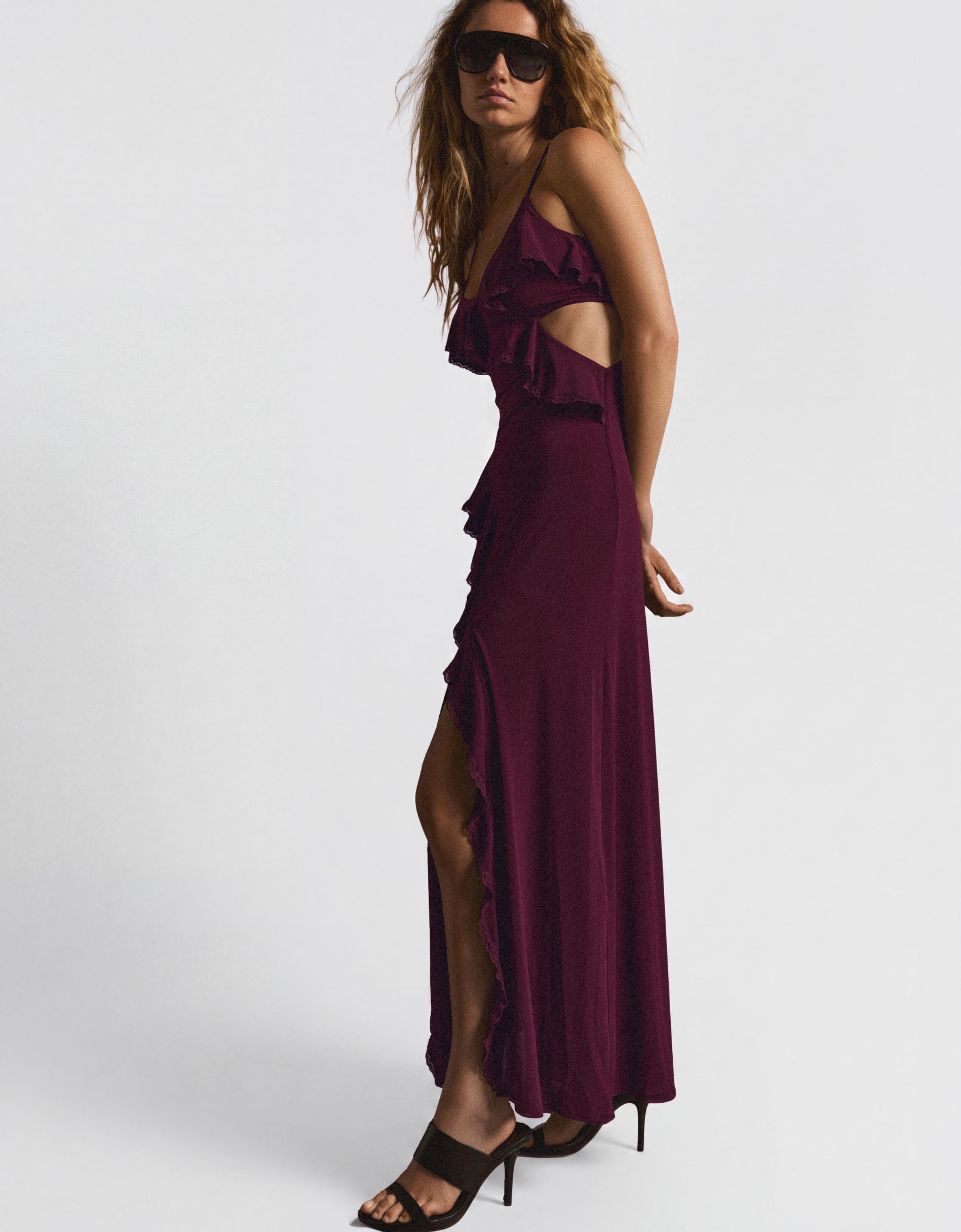 Midi dress with frilled straps — Burgundy