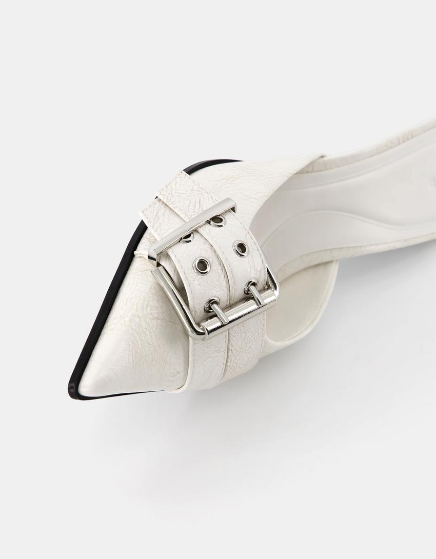 Mules tacão kitten com fivela-Branco-3