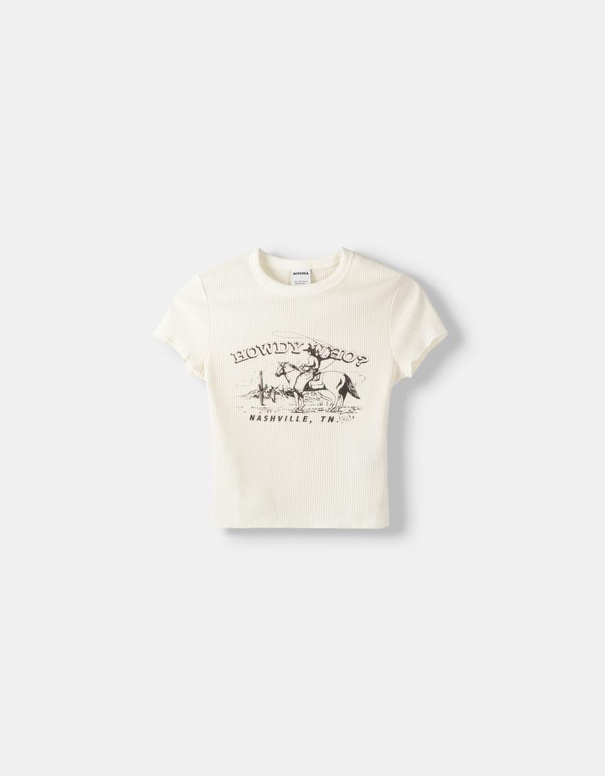 T-shirt manches courtes gaufré imprimé-Écru-4