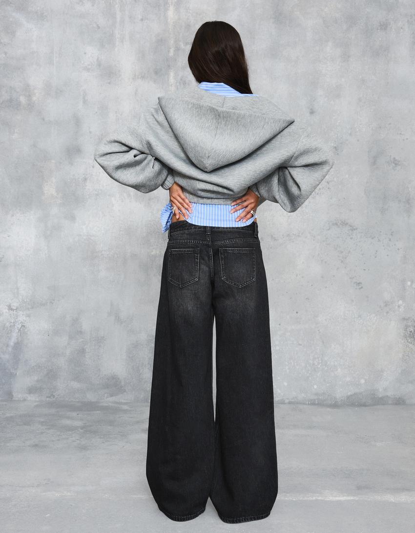 Geniş paça düşük bel jean-Siyah