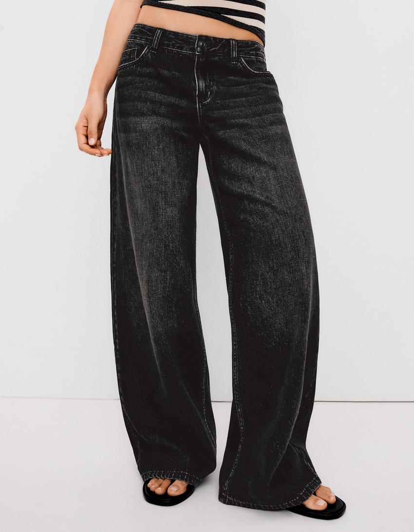 Jeans wide leg tiro bajo-Negro