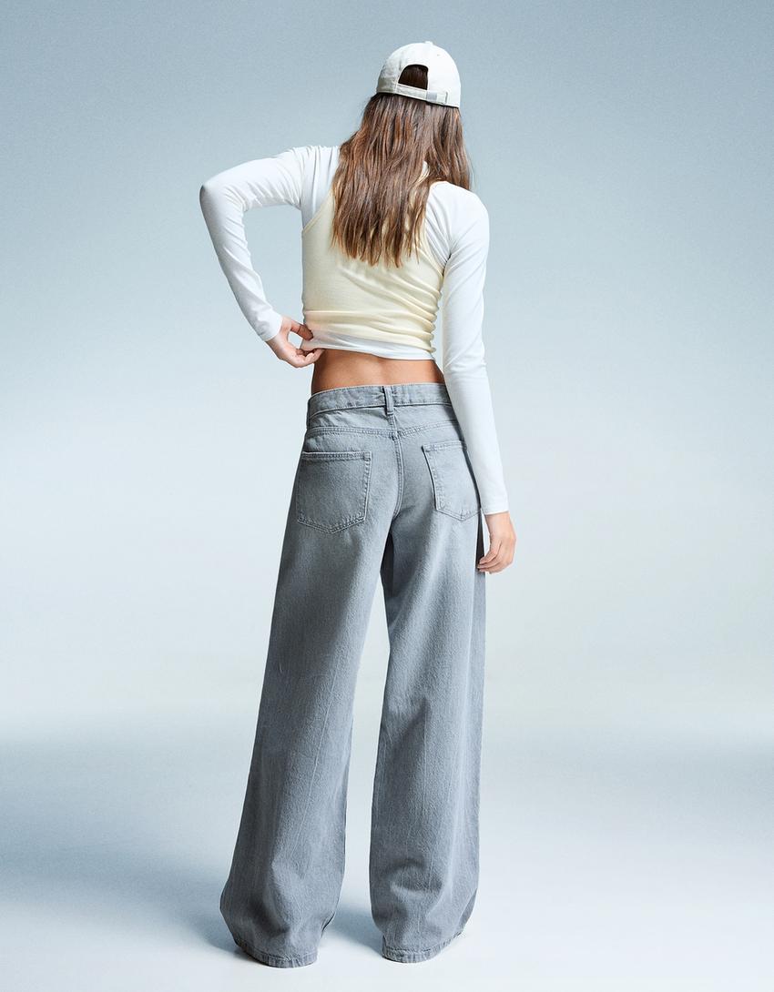 Jeans a gamba larga low waist-Grigio-1