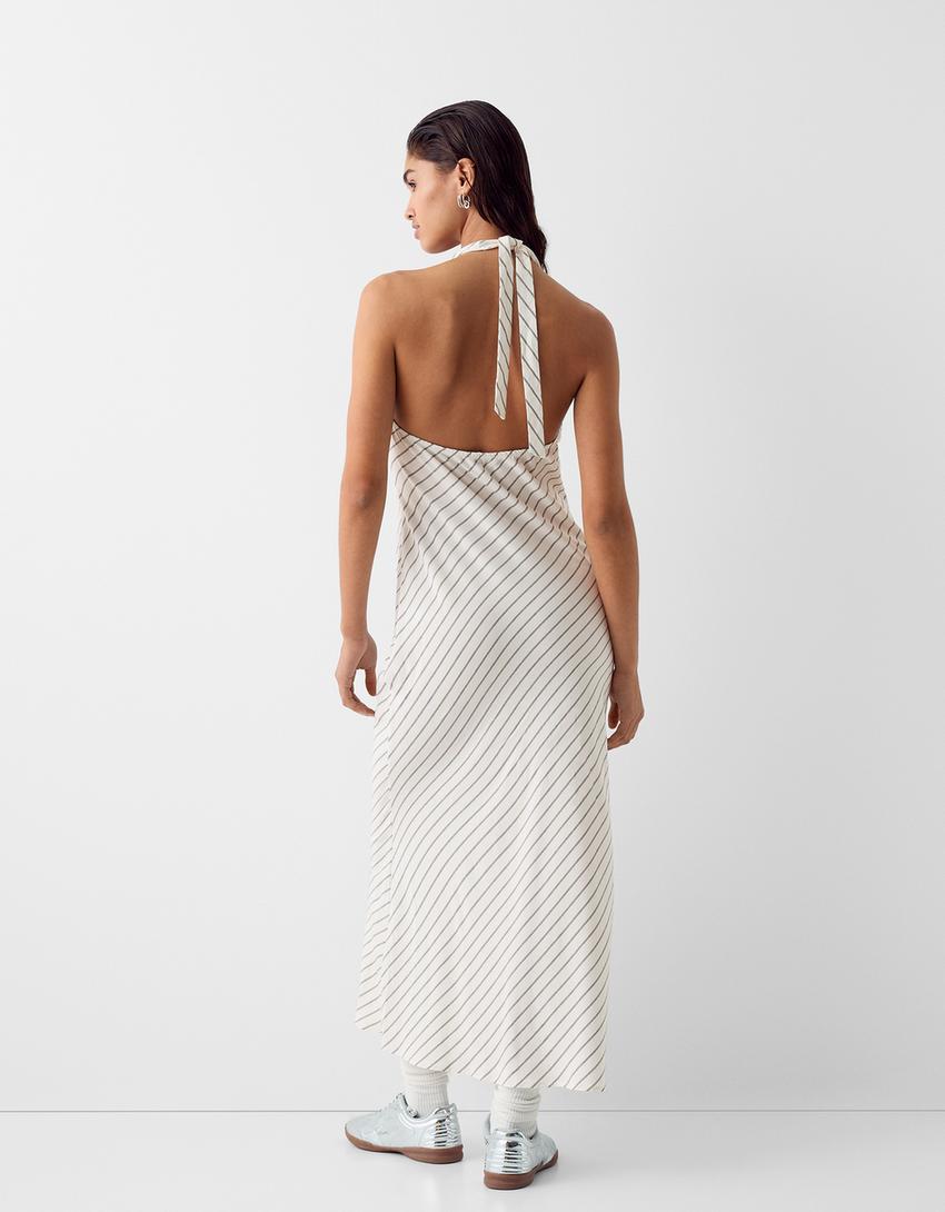 فستان متوسط الطول مطبوع برقبة هالتر-أبيض / أسود-2