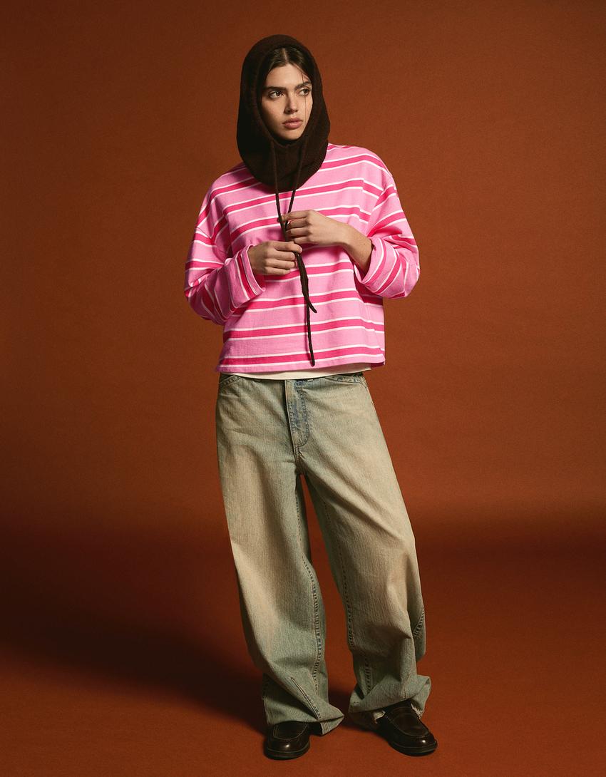 Striped crew neck sweater-Pink