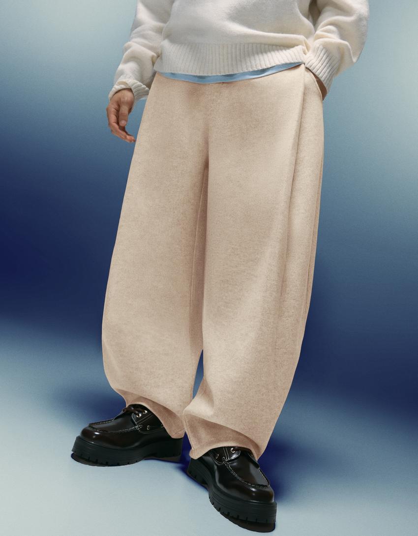 Pensli kumaş balloon fit pantolon-Kum rengi