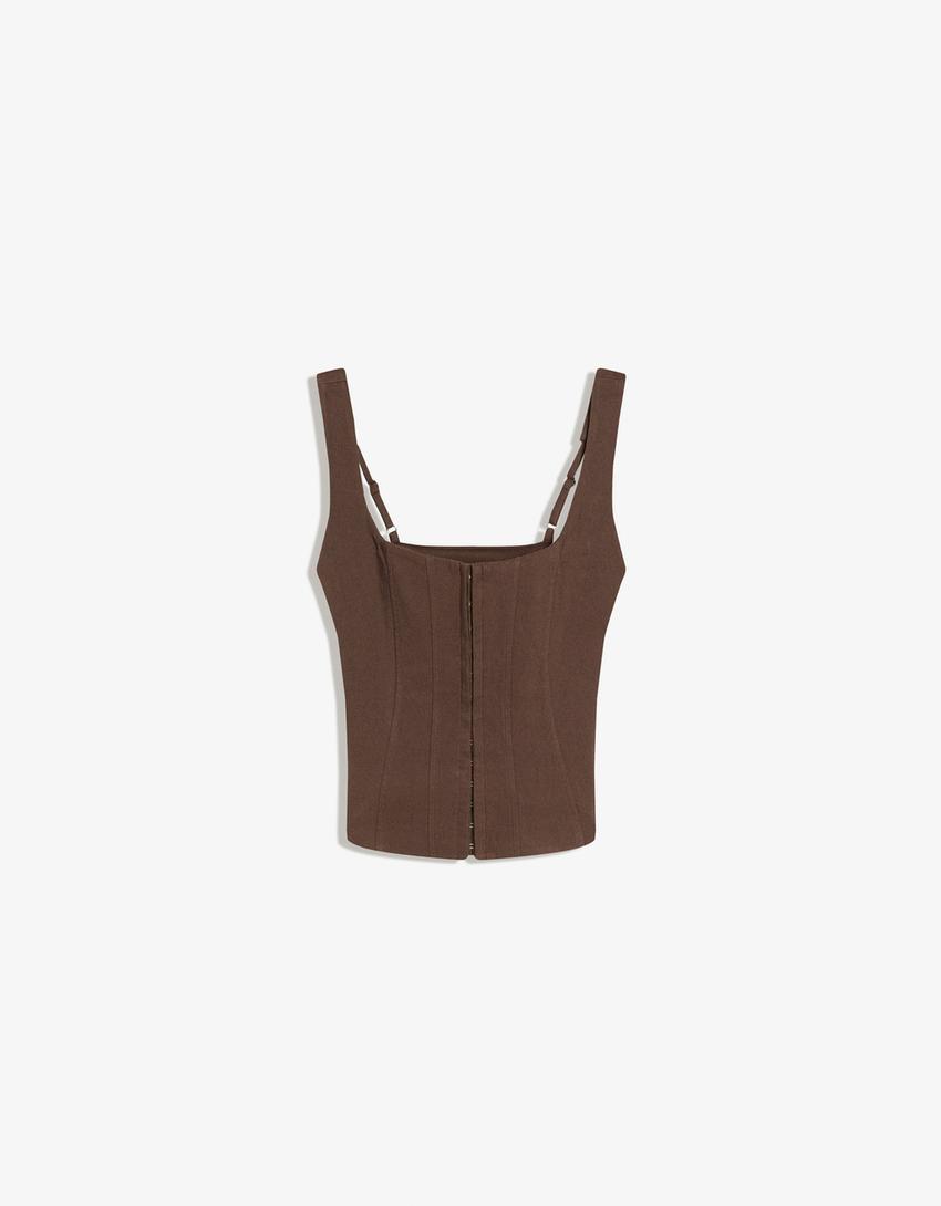 Corsetry-inspired bengaline top-Brown