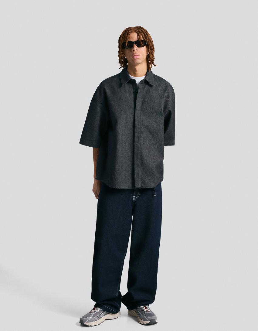 Short sleeve boxy fit shirt-Navy