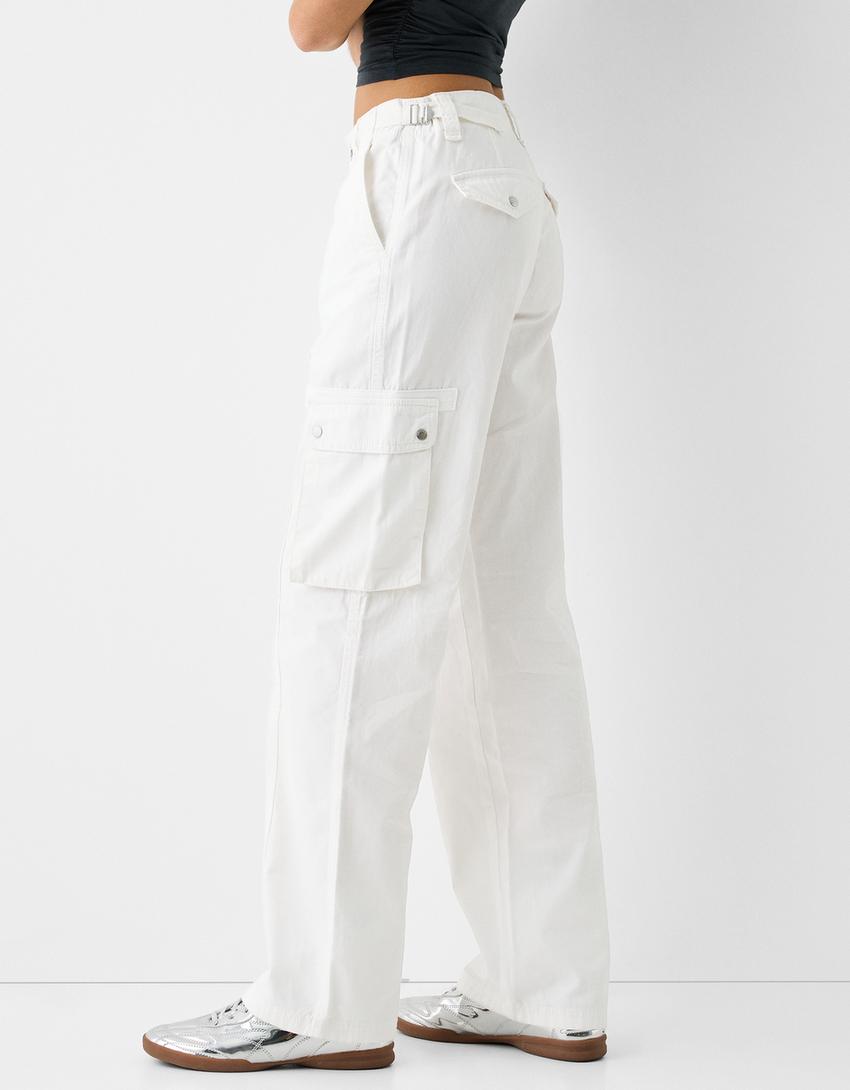 Calças straight cargo ajustáveis algodão-Branco-3