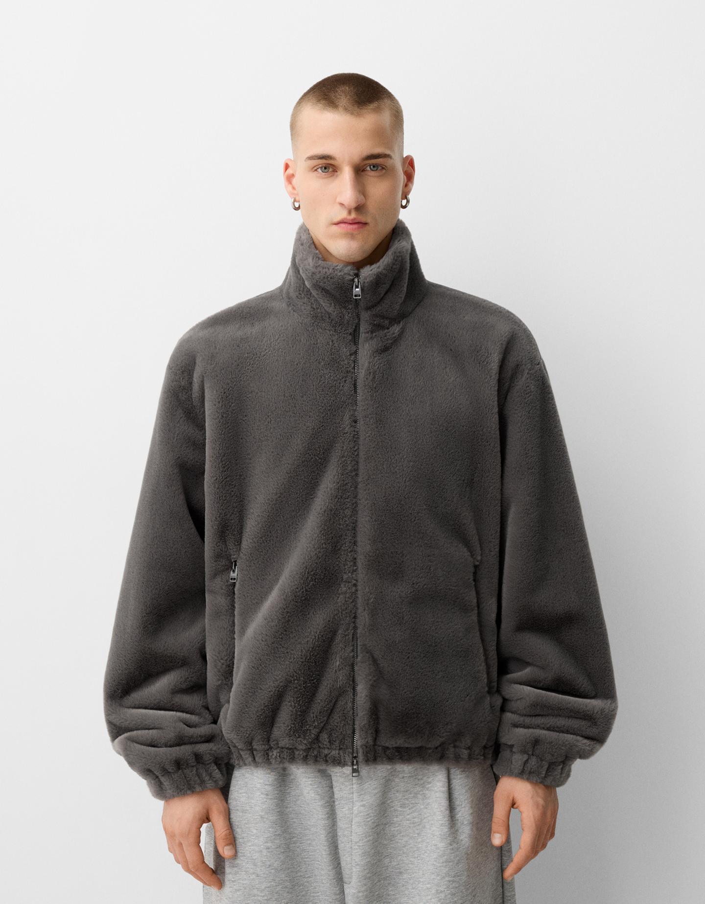 Bershka Cazadora Pelo Cremallera Cuello Alto Hombre M Gris Oscuro