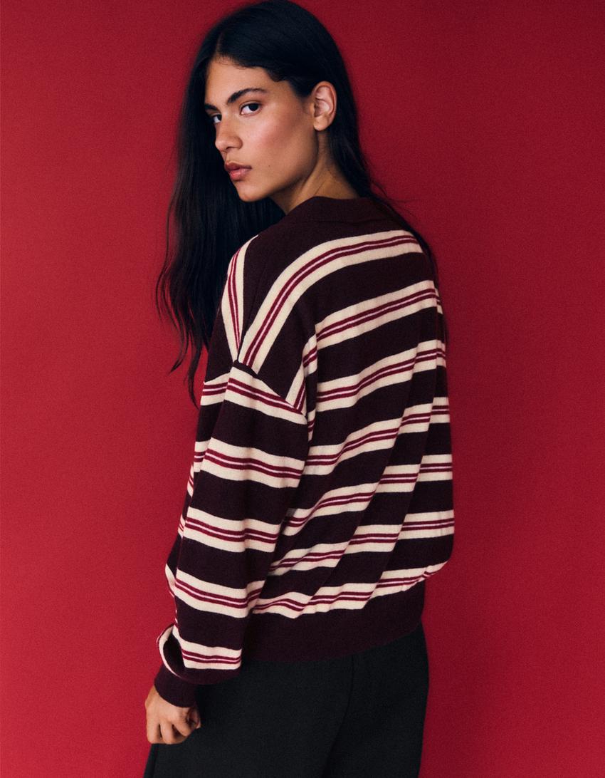 Polo yaka çizgili kazak-Bordo