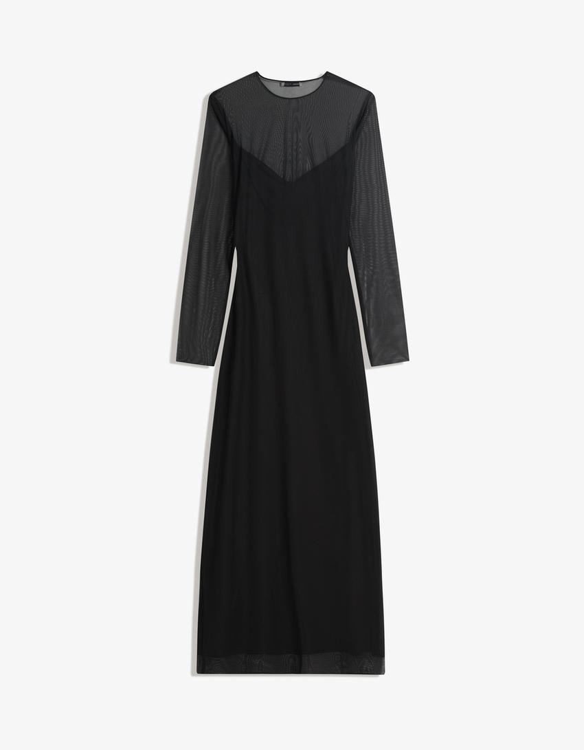 Long sleeve tulle midi dress-Black