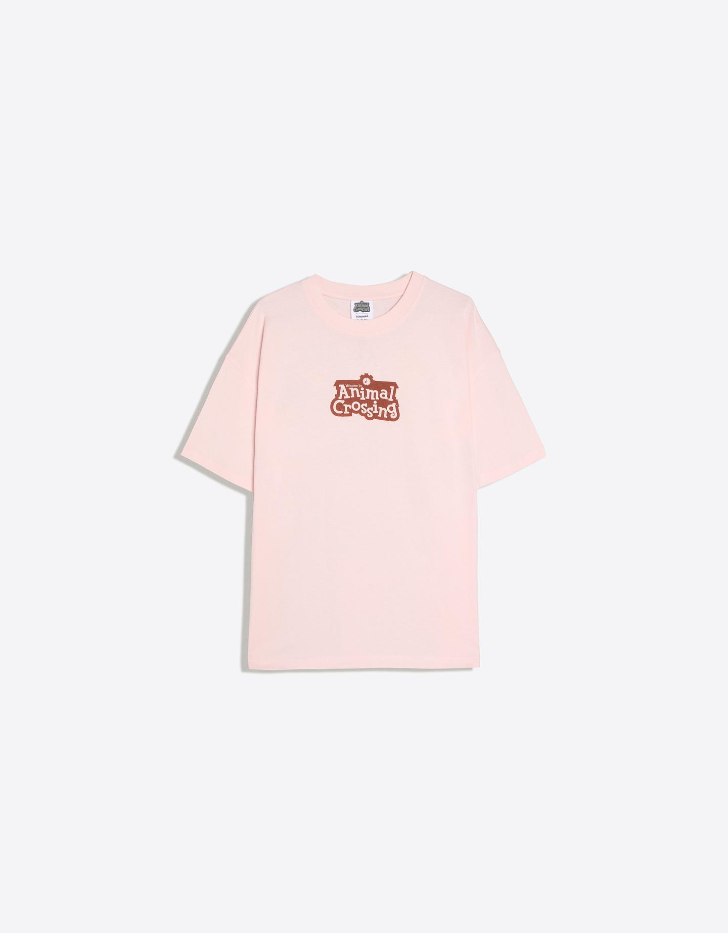 Bershka koszulka oversize z nadrukiem animal crossing różowy
