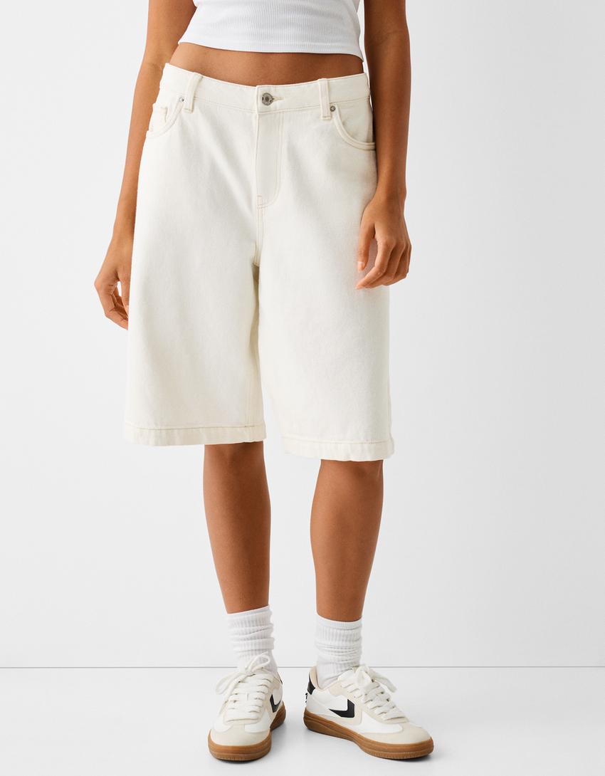 Bol denim bermuda şort-Krem-1