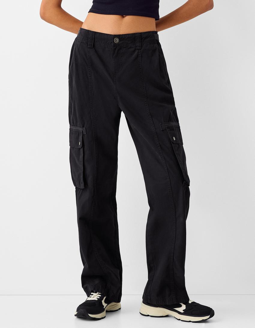 Adjustable straight-leg cotton cargo trousers-Black-1