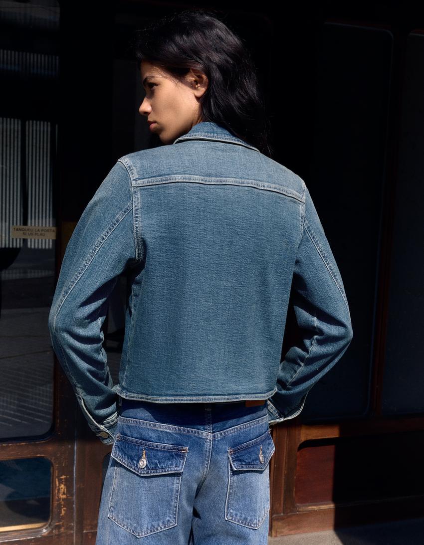 Giacca in denim fitted asimmetrica-Azzurro