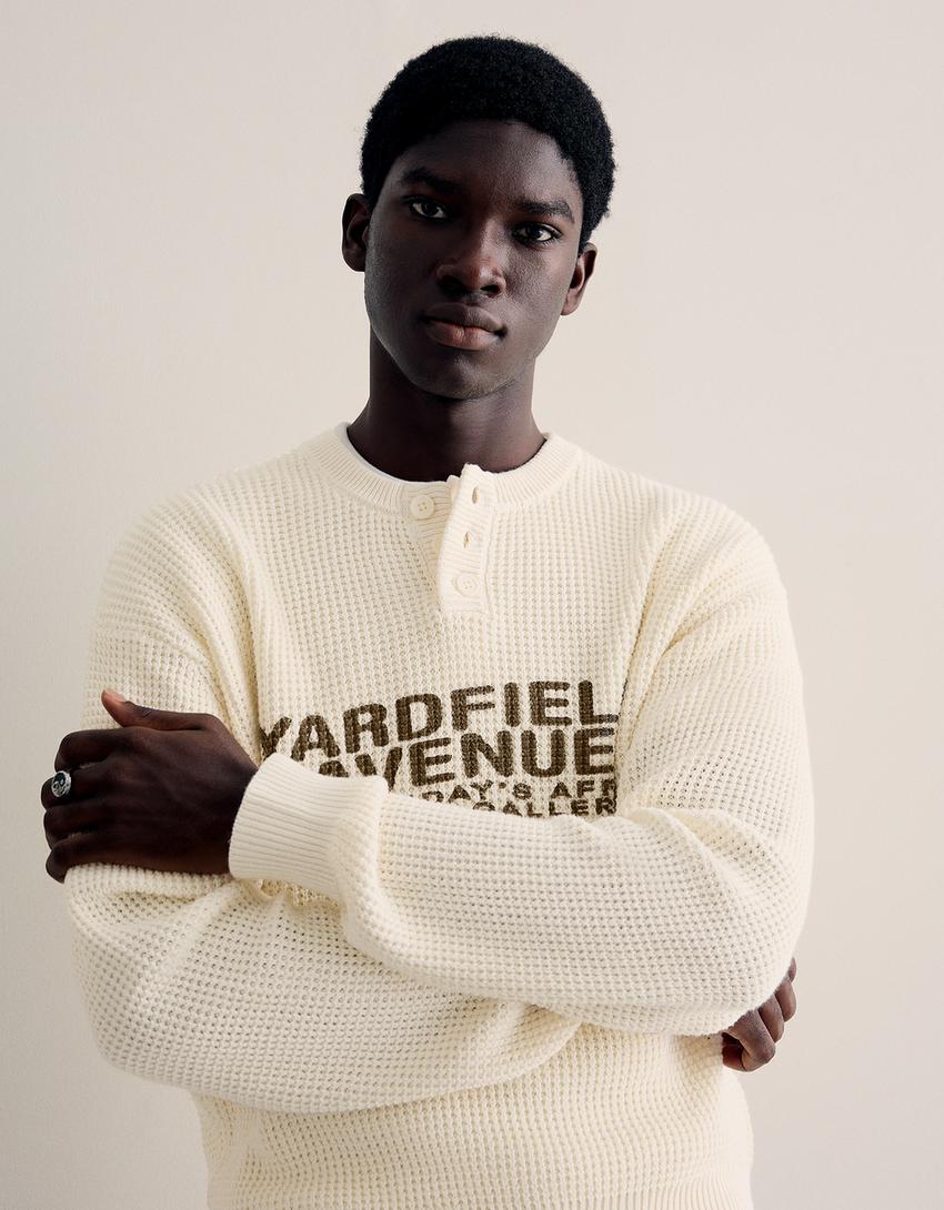 Printed henley sweater-Beige