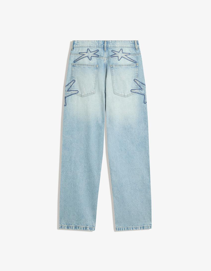 Jeans baggy bordado-Azul lavado