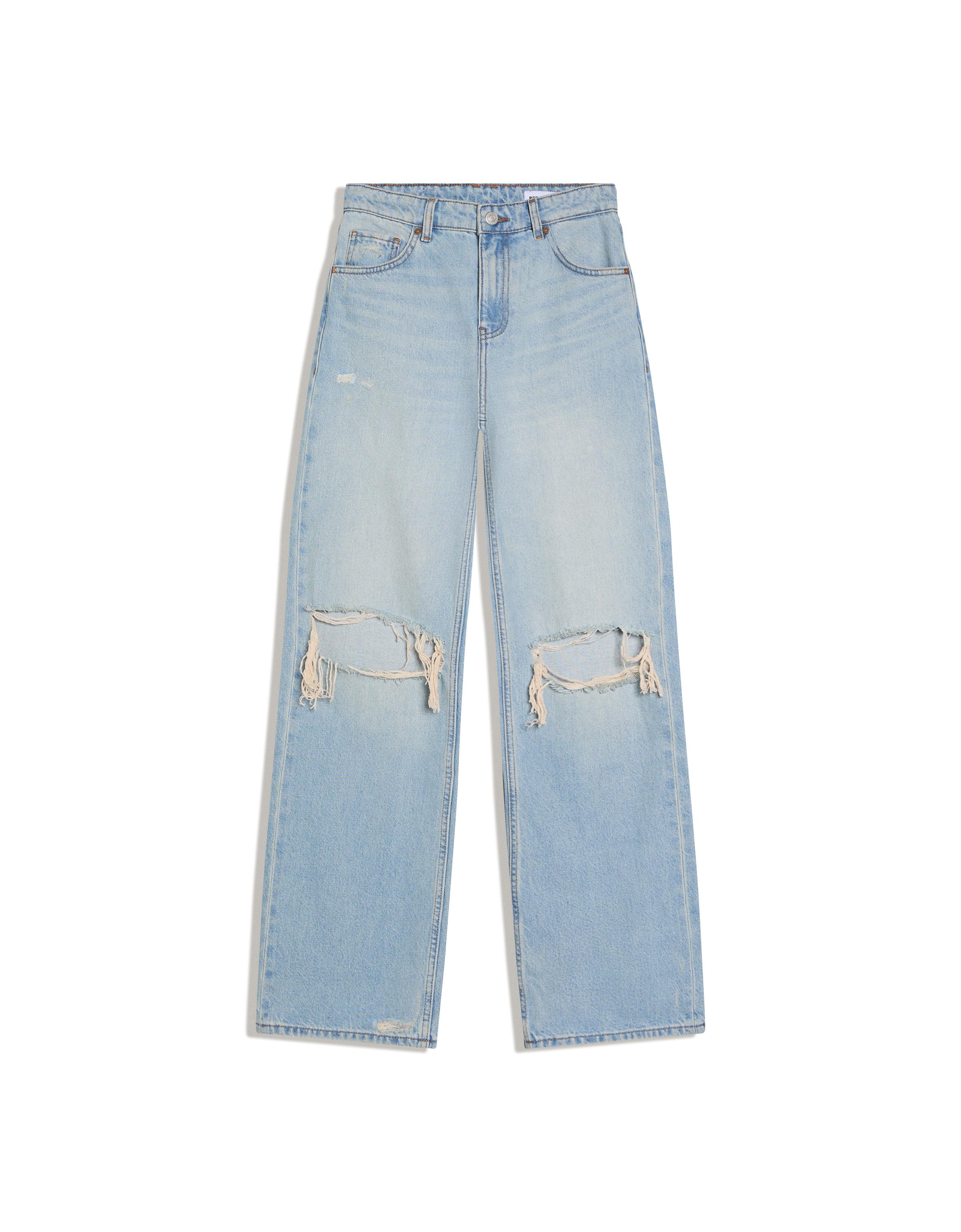 Yüksek bel distressed geniş paça jean - Görsel 3